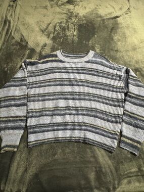 A.n.a A New Approach Sweater Women L Blue/gray Striped Knit Crewneck Pullover